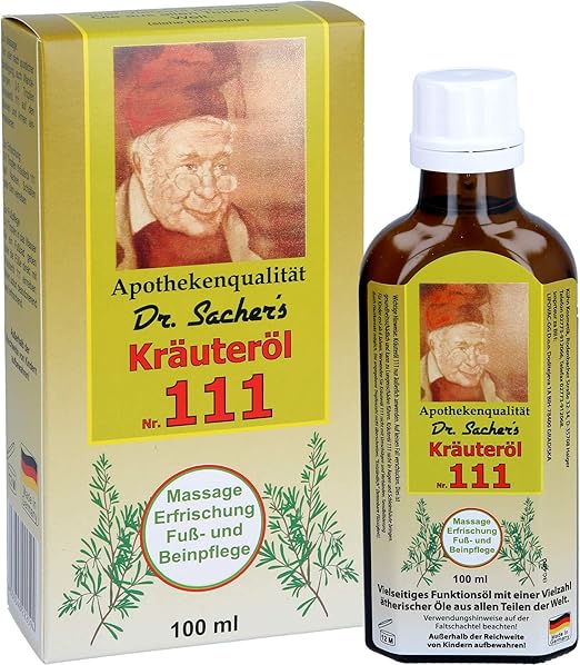 Dr. Sacher's Kräuteröl Nr. 111 bottle and packaging on a white background